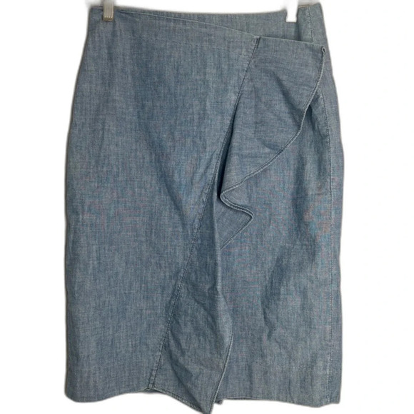 J Crew Denim Chambray Front Slant Ruffle 100% Cotton Pencil Skirt Sz 4 - Picture 1 of 8